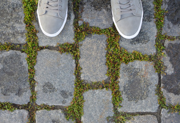 Leg and legs are visible from above. Selfie is great for any use. Free space.