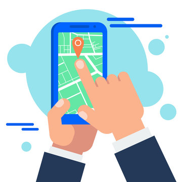 Gps navigation with smartphone. Businessman is guided by the map in the mobile application. Flat vector cartoon illustration. Objects isolated on white background.