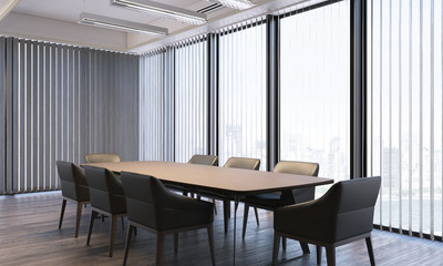 Modern bright meeting room with large panoramic windows, 3d rendering