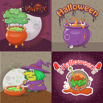 Cauldron pot halloween banner concept set. Cartoon illustration of 4 cauldron pot halloween vector banner concepts for web