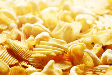 Chips and crisps potato close up