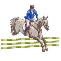 A rider jumping with a horse over obstacles. Equestrian, show jumping.  © irinamaksimova