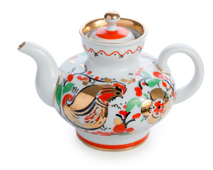 Traditional russian hand-painted teapot isolated on white background