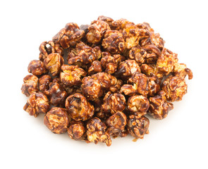Heap of sweet, tasty  popcorn with chocolate isolated on white background