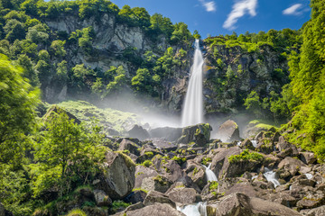 Foroglio waterfall with Swiss Alps in canton Ticino, Bavona valley, Switzerland, Europe