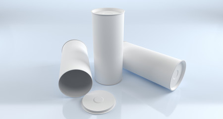 Empty Opened Closed And Standing Tube Cylinder Packages With White Material Light Studio Shot 3D Rendering