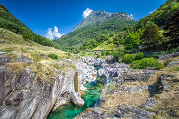 Bavona river with Swiss Alps in canton Ticino, Bavona valley, Switzerland, Europe.