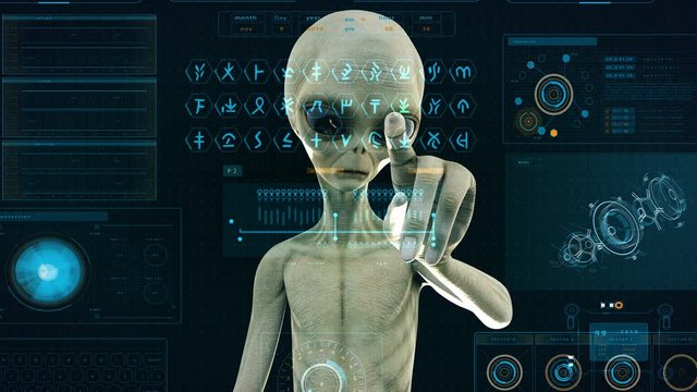 Alien presses the keys on sci-fi hologram screen. Realistic motion background. 4K.