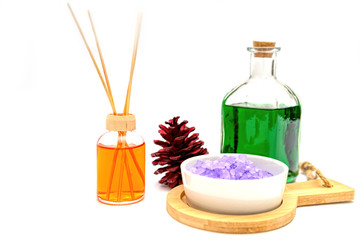 Obraz na płótnie Canvas Salt spa objects on White background . Spa cosmetic products concept