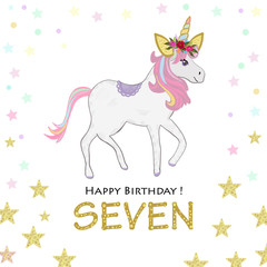 Seven birthday greeting. Seventh. Magical Unicorn Birthday invitation. Party invitation greeting card