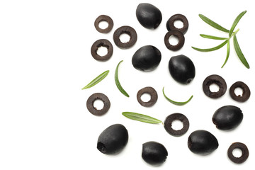 Marinated black olives with rosemary isolated on white background. top view