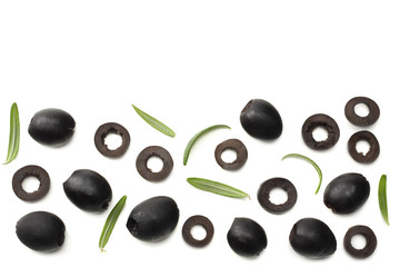Marinated black olives with rosemary isolated on white background. top view