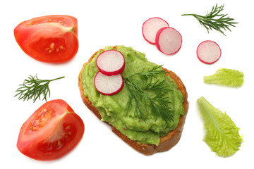 sandwich with avocado cream isolated on white background. Healthy food. top view