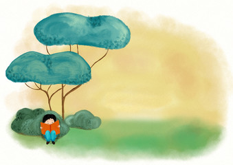 A boy reading in green woodland and imagining fantastic story and dream - Digital painting illustration for concept to love books with copy space