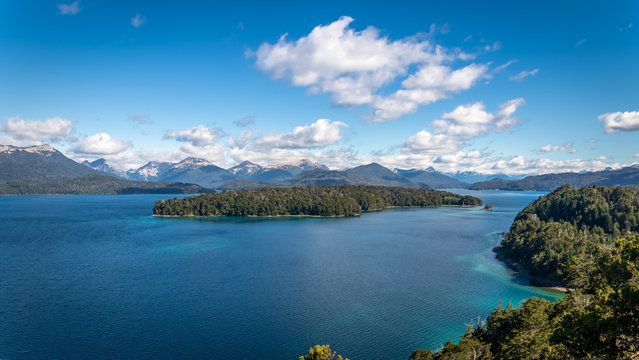 View of Nahuel Huapi Lake and Fray Menendez Island from Brazo Norte Viewpoint at Arrayanes National Park - Villa La Angostura, Patagonia, Argentina