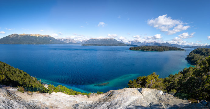 Panoramic aerial view of Nahuel Huapi Lake from Brazo Norte Viewpoint at Arrayanes National Park - Villa La Angostura, Patagonia, Argentina