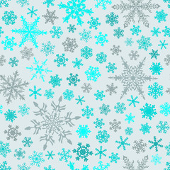 Christmas seamless pattern of snowflakes, light blue and gray on white background.