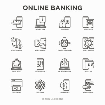 Online banking thin line icons set: deposit app, money safety, internet bank, contactless payment, credit card, online transaction, check balance, mobile support, blockchain. Vector illustration.
