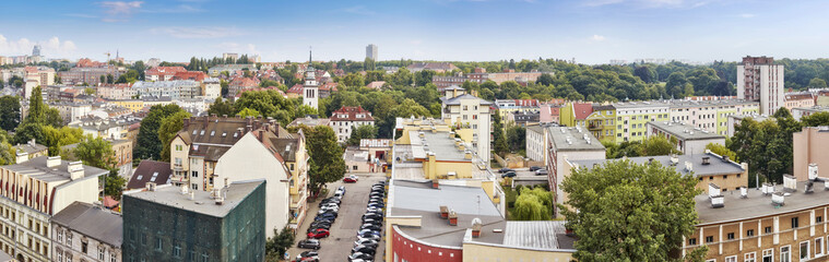 Panoramic view of Szczecin City skyline seen from Niebuszewo neighborhood, Poland.