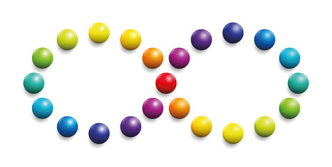Color spectrum formed by balls as infinity symbol. Illustration over white background.