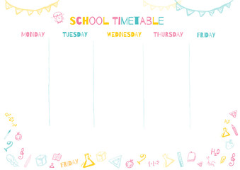 School timetable for pupils or students with 5 days of week with doodle colorful school supplies. Organize your day