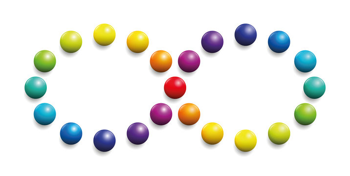 Color spectrum formed by balls as infinity symbol. Illustration over white background.