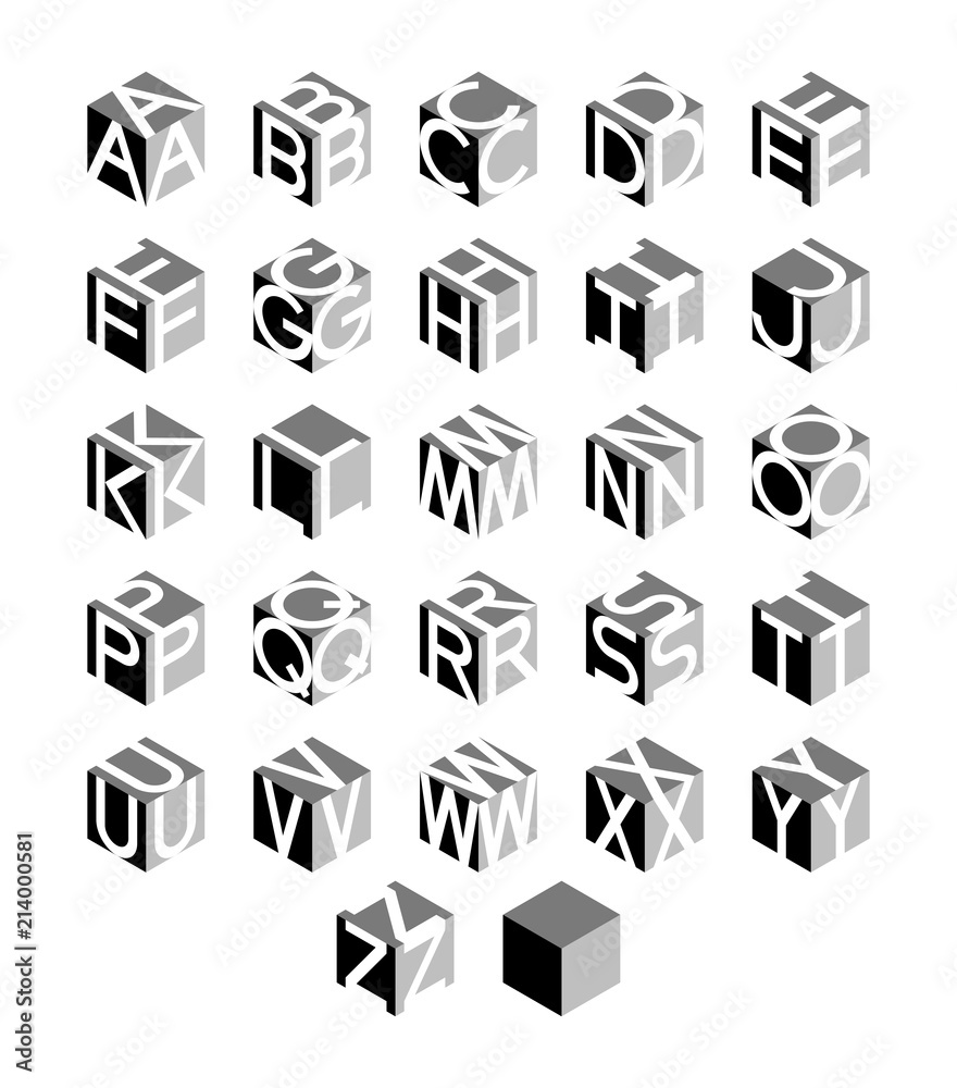 Aufkleber isometric alphabet set. vector geometric cubic letters.