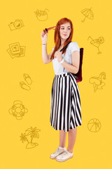 Interesting adventure. Pretty young girl standing with sunglasses in her hand and having a backpack while going for a walk during her journey