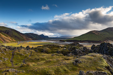 View from the lava field down to the campsite, Landmannalaugar in Iceland