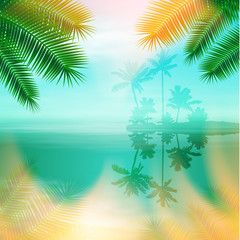 Fototapeta na wymiar Sea with island and palm trees. Tropical summer blue background. EPS10 vector.