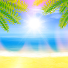 Beach and tropical sea with palmtree leaves. Summer colorful background. EPS10 vector.