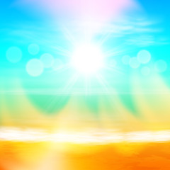 Beach and tropical summer sea with bright sun. Sea summer background. EPS10 vector.