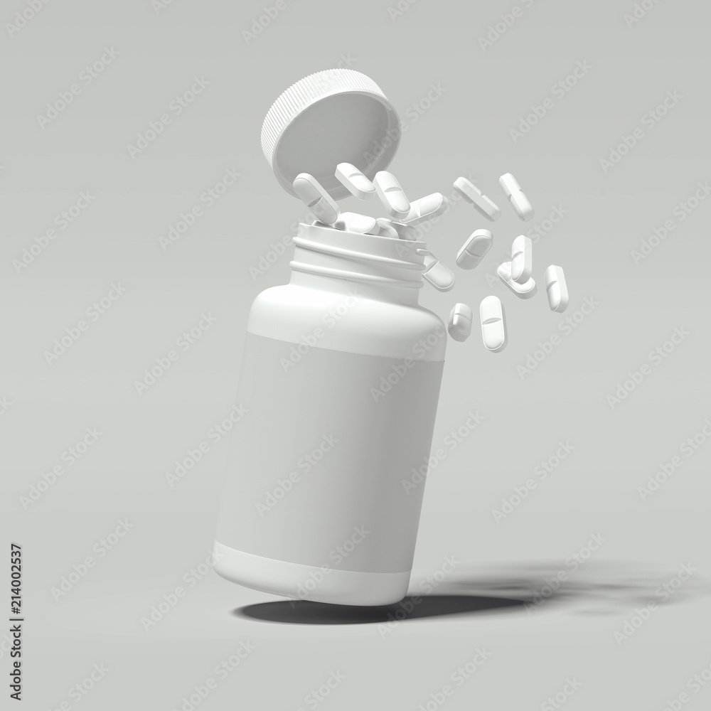 Wall mural White pills spilling out of white bottle, 3d rendering.