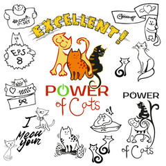 A set of clip art and patches of cats drawing in cartoon cute all style