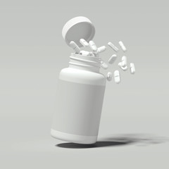 White pills spilling out of white bottle, 3d rendering.