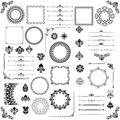 Vintage set of horizontal, square and round elements. Different elements for decoration design, frames, cards, menus, backgrounds and monograms. Classic black and white patterns. Set of vintage