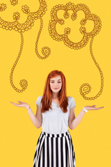 New design. Cheerful peaceful yoga teacher putting her hands up and softly smiling while showing beautiful ornament on the walls