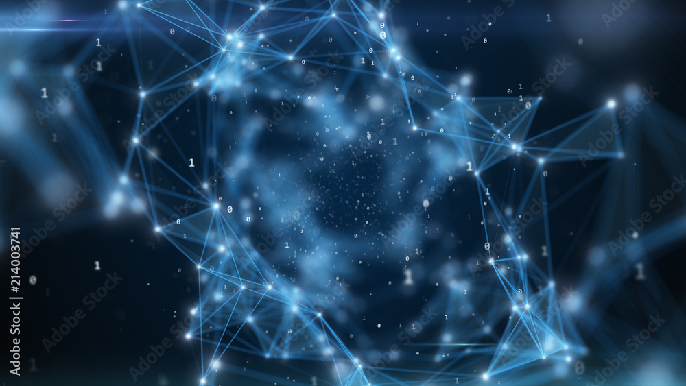 Poster binary code flying in an abstract technological tunnel with a geometric surface. abstract tunnel gri