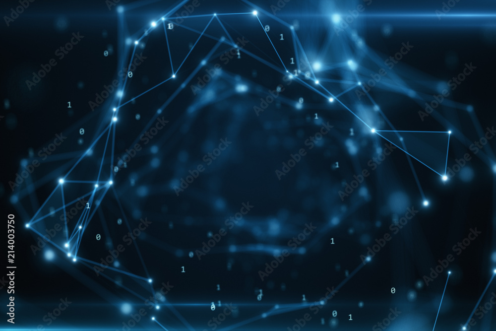 Poster binary code flying in an abstract technological tunnel with a geometric surface. abstract tunnel gri