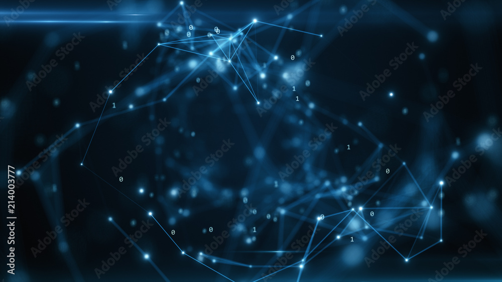 Poster binary code flying in an abstract technological tunnel with a geometric surface. abstract tunnel gri