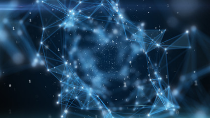 Binary code flying in an abstract technological tunnel with a geometric surface. Abstract tunnel grid. Can be used as digital dynamic wallpaper, technology background 3d illustration