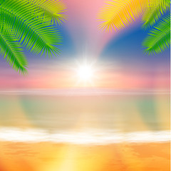 Beach and tropical sea with bright sun and palmtree leaves. Colorful summer background. EPS10 vector.