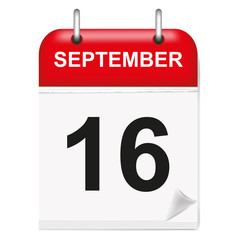 Daily calendar of single-leaf rings, red spine, 3d,september,16,16th,sixteenth.Vector illustration