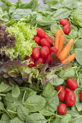 Many Fresh spinach leaves, carrots, small cherry tomatoes, green salad leaves. Vitamins and health in food. Free space for text. Copy space.