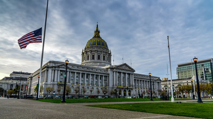 San Francisco California, USA. City Hall building on a dramatic sky.