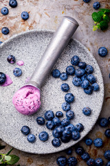 Ice cream from blueberries. Summer sweet Dessert.Top View.Single Banner. selective focus.