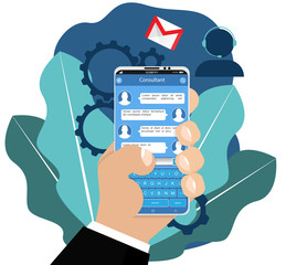 User support service, online assistant, call center, online consultation. Vector illustration of irtual business assistant. 