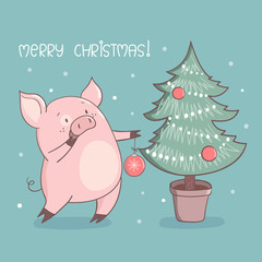 Merry Christmas card design with cute cartoon pig. Vector illustration.