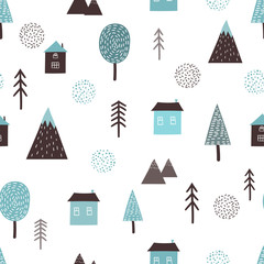 Seamless scandinavian pattern with hand drawn houses, mountains and trees.