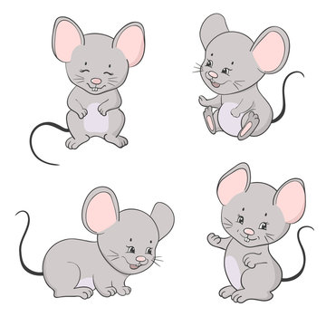 Set of cute little cartoon mice. Vector mouse collection.
